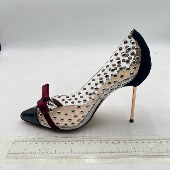 FSJ Black Studded Pointed Toe Transparent Pump High Heel Shoes with Cute Bowknot - Picture 2 of 8